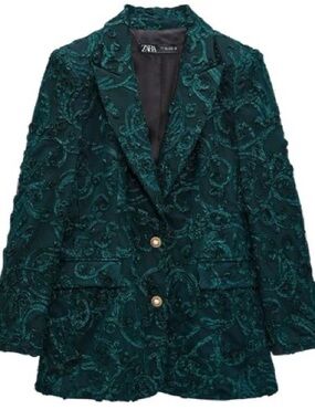 Zara Embroidered Blazer Teal Dark Green Gold Pearl Buttons Boyfriend Dressy XS